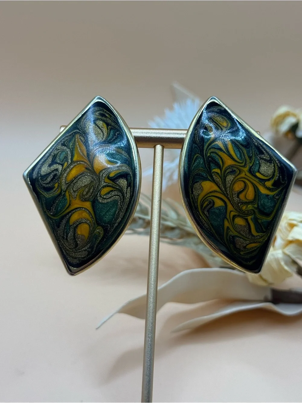 Vintage Marbled Enamel Look Geometric Pierced Stud Earrings Blue Gold Statement